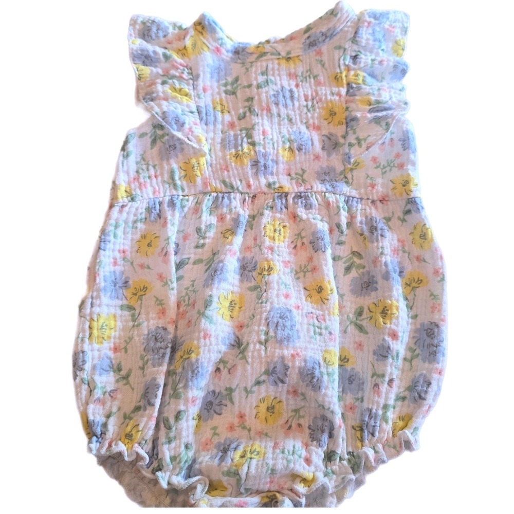 Lila & Jack Baby Girls 9-12M Floral Cotton Gauze Bubble Romper‎ Ruffle Blue Pink